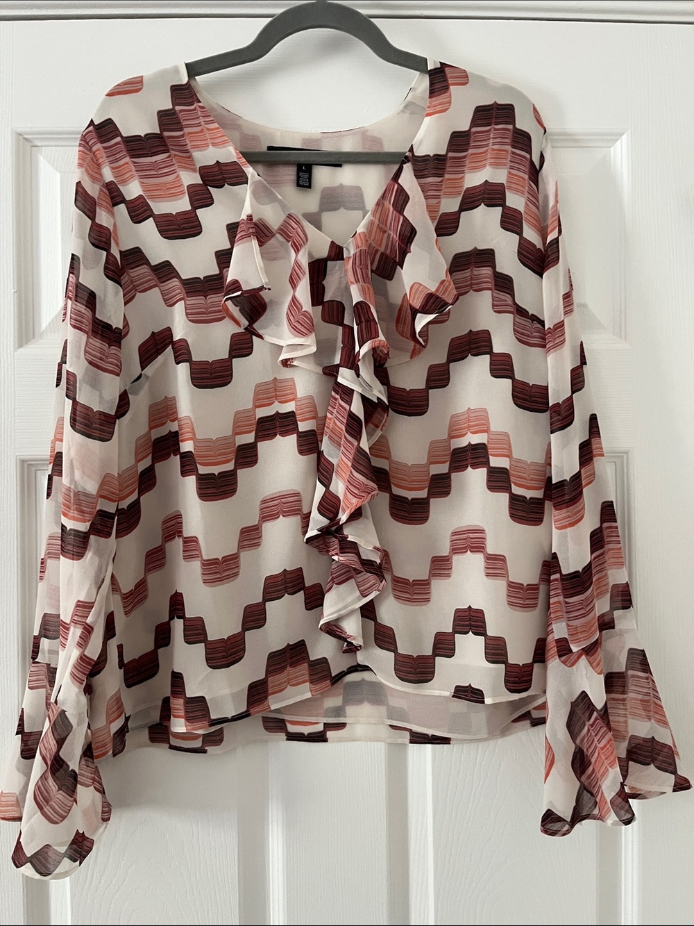 White House Black Market Red Abstract Ruffle Blouse With Bell Sleeves